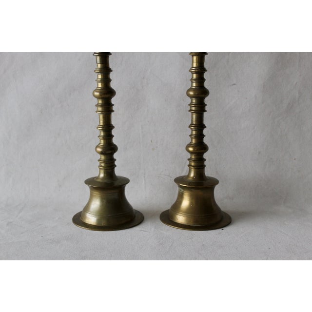 Metal Vintage Mid Century Large Brass Altar Floor Candle Holders Patina, a Pair For Sale - Image 7 of 10