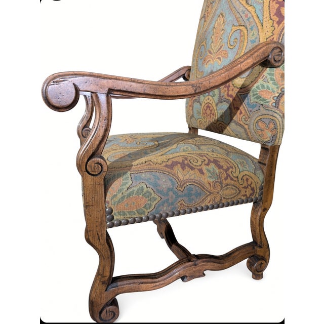 Guy Chaddock & Co. Westbourne Collection Carved Armchair and Ottoman in Paisley Tapestry With Nailhead Trim For Sale - Image 9 of 12