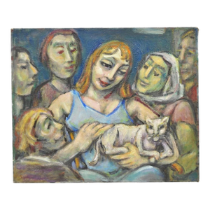 Vintage Samuel Heller "Women With Cat" Oil on Canvas Portrait Painting Signed