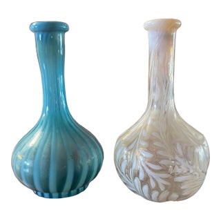 Pair of Vintage Art Glass Bud Vases – Blue Satin & White Swirl Glass For Sale