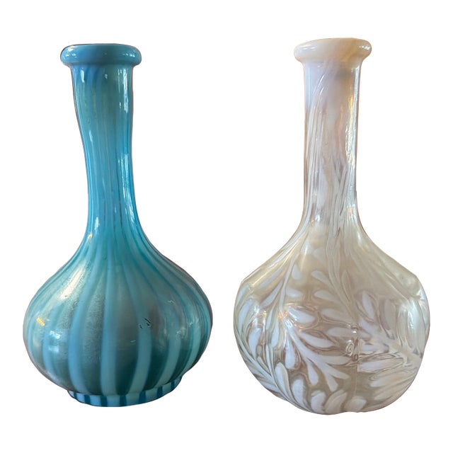 Pair of Vintage Art Glass Bud Vases – Blue Satin & White Swirl Glass For Sale