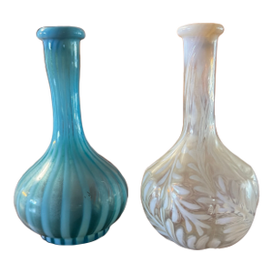 Pair of Vintage Art Glass Bud Vases – Blue Satin & White Swirl Glass