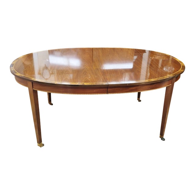 Antique English Mahogany Banded Inlaid Dining Table & 2 Leaves For Sale