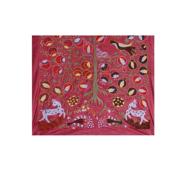Mid-Century Modern Suzani Wall Decor With Tree of Life Fish Pictorial Motifs 3'2'' X 6'4'' For Sale - Image 3 of 8