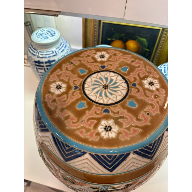 Vintage Elephant Motif Ceramic Garden Stool Side Table Boho Chinoiserie Decor This sculptural vintage ceramic garden stool...