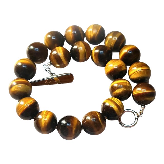 Natural Tiger's Eye Statement Necklace With Large Hand-Knotted Gemstone Beads & Sterling Silver Clasp For Sale