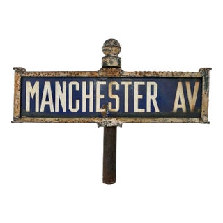 Excellent Original Early 1900s Antique Manchester Avenue New York City Cast Iron & Porcelain Street Sign For Sale