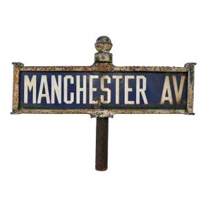 Excellent Original Early 1900s Antique Manchester Avenue New York City Cast Iron & Porcelain Street Sign