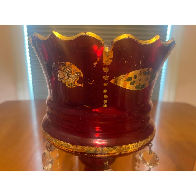 Pair of Bohemian Ruby Cranberry Glass Mantle Lusters With Gold Bird and Peacock Motifs and Crystal Prisms For Sale - Image 4 of 14