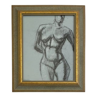 Vintage Studio Figure Study Drawing of Female on Blue Gray Drawing Paper For Sale