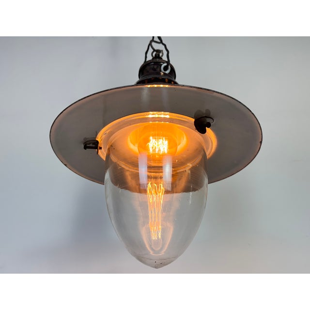 Industrial German Black Enamel Pendant Lamp with Glass Cover, 1930s For Sale - Image 13 of 14