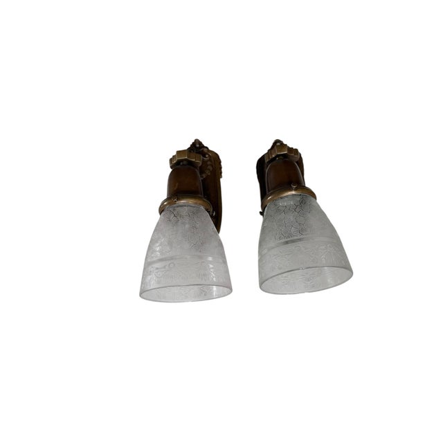 Victorian 1920’s Wall Sconces With Laurel Leaves and Etched Glass Shades For Sale - Image 3 of 8