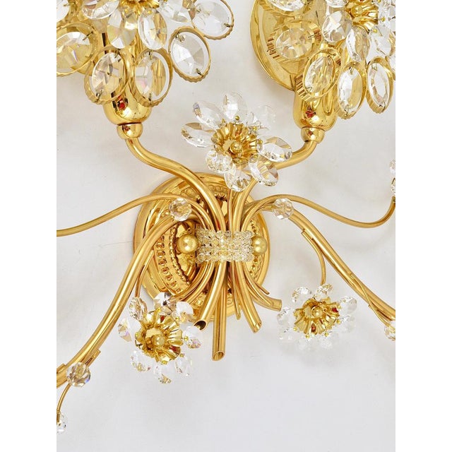 Large Gilt Brass & Crystals Flower Wall Light from Palwa, 1970s For Sale - Image 14 of 15