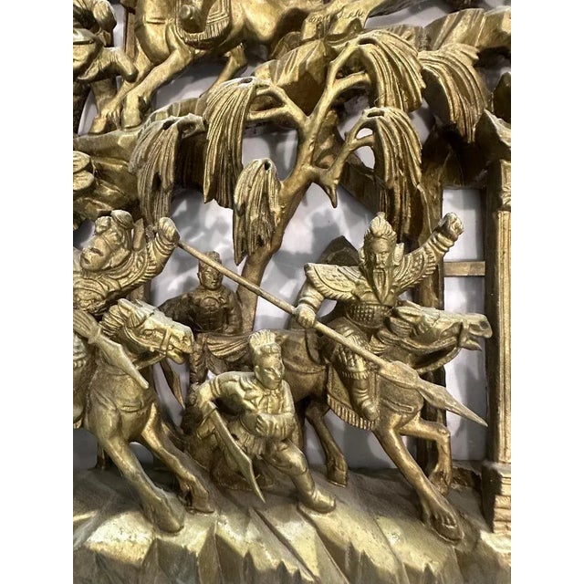 Antique Chinese Gilt Carved Wood Wall Panel, Battle Scene Relief For Sale - Image 11 of 15