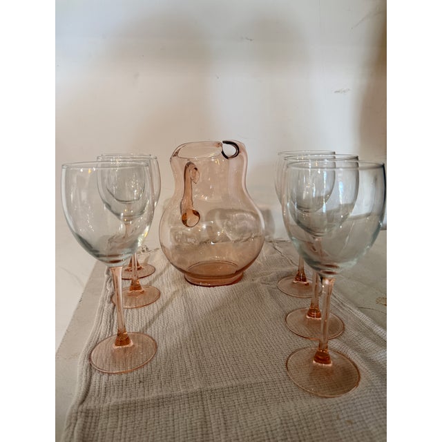 Late 20th Century Pink Pitcher and 6 Pink Wine Glasses For Sale - Image 5 of 6