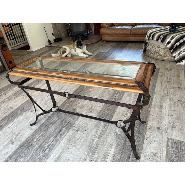 Hollywood Regency Jacques Adnet, Hermes Style Vintage Equestrian Style Forged Iron & Braided Leather Console Table With Beveled Glass Top For Sale - Image 3 of 5