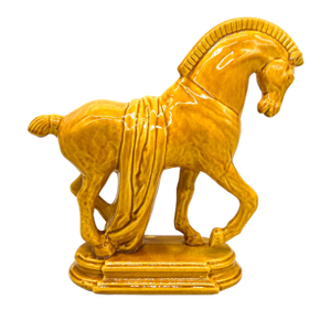 Mid-Century Tang-Style Horse Sculpture in Mustard Yellow Glaze - Chinoiserie, Hollywood Regency, Neoclassical