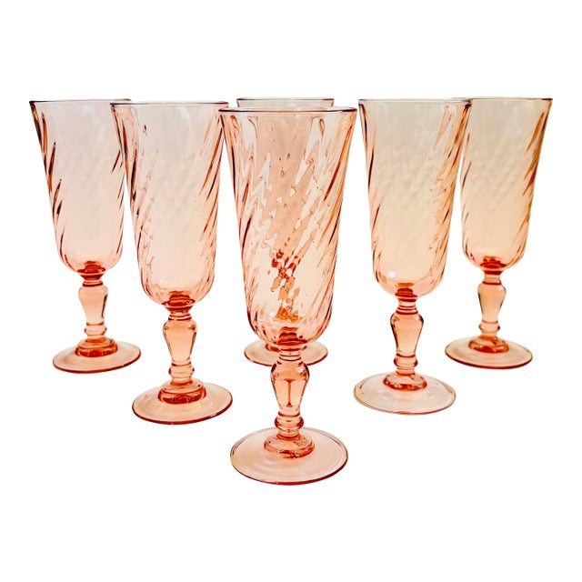 Pink Swirl Champagne Flutes - Set of 6 - France For Sale
