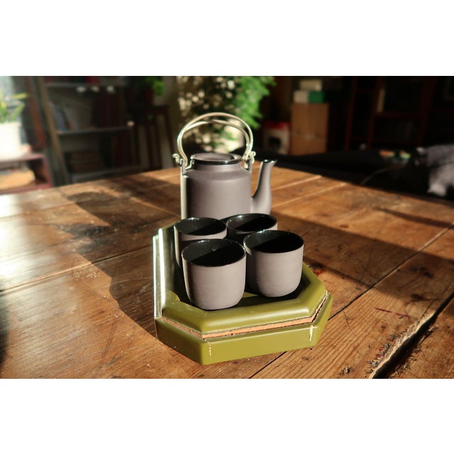 Vintage 1970s Vietnamese Ceramic Tea Set With Lacquered Tray, Hanoi – Minimalist For Sale - Image 12 of 13