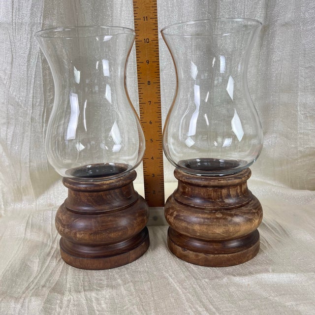 Italian Pair Vintage Italian Wood & Blown Glass Hurricane Candle Holders For Sale - Image 3 of 12