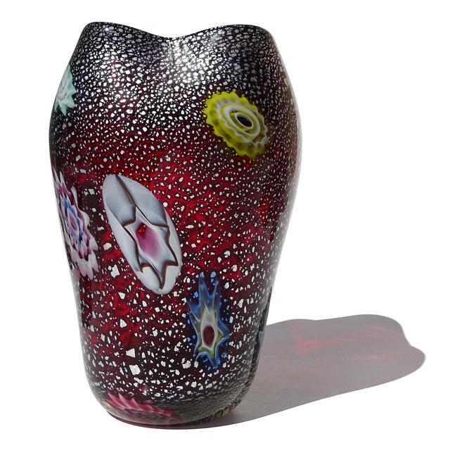 Glass Vintage Murano AVeM Red Millefiori Flowers Murrine Silver Flecks Italian Art Glass Pinched Rim Flower Vase For Sale - Image 7 of 12