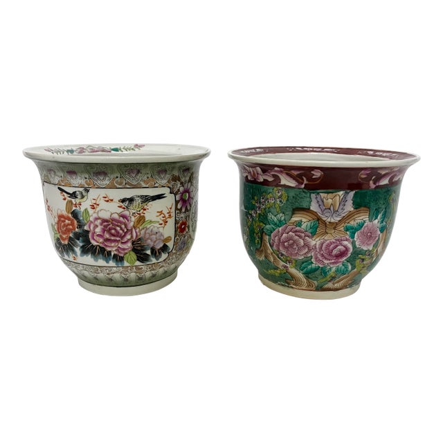 Vintage Chinoiserie Floral Cachepot Pair – Hand-Painted Porcelain For Sale