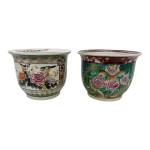 Vintage Chinoiserie Floral Cachepot Pair – Hand-Painted Porcelain