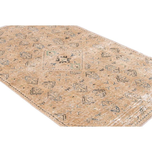 Vintage Persian Distressed Handmade Beige Geometric Wool Rug For Sale - Image 4 of 7