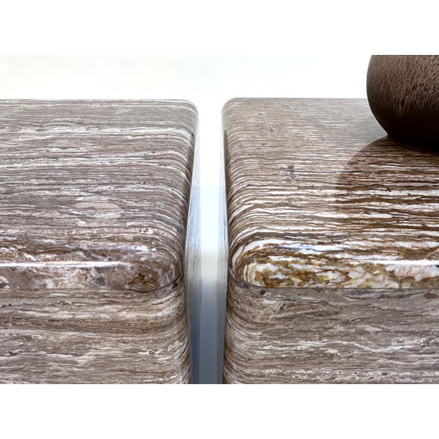 Veined Polished Travertine Stone Side Tables, 1970s, Set of 2 For Sale - Image 9 of 18