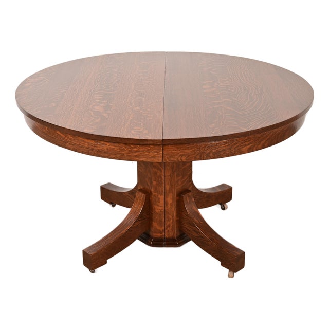 Stickley Brothers Style Antique Mission Oak Arts & Crafts Pedestal Extension Dining Table, Newly Refinished For Sale