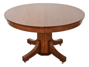 Stickley Brothers Style Antique Mission Oak Arts & Crafts Pedestal Extension Dining Table, Newly Refinished