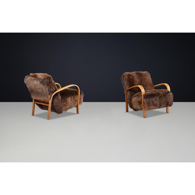 Set of Lounge Chairs in Texel Sheepskin by Kozelka & Kropacek, 1940s For Sale - Image 9 of 14