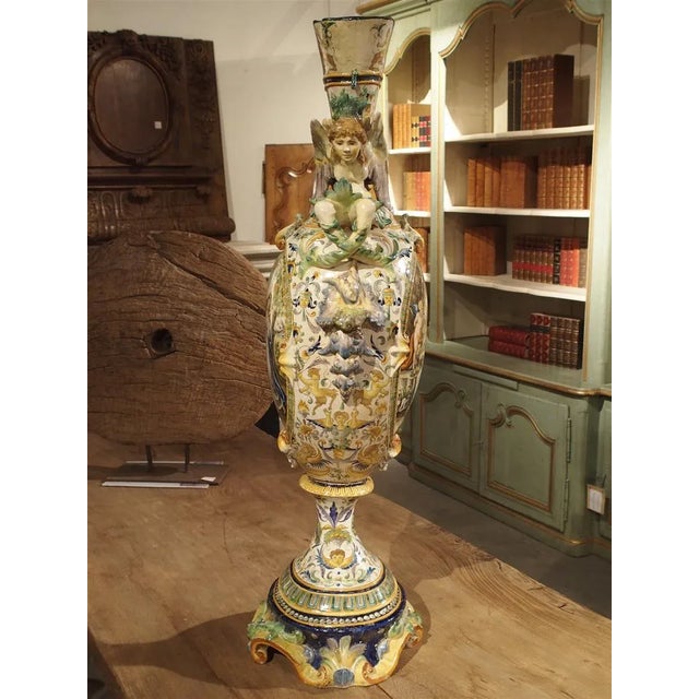 Tall Painted Italian Majolica Vase Circa 1860 For Sale In Dallas - Image 6 of 13