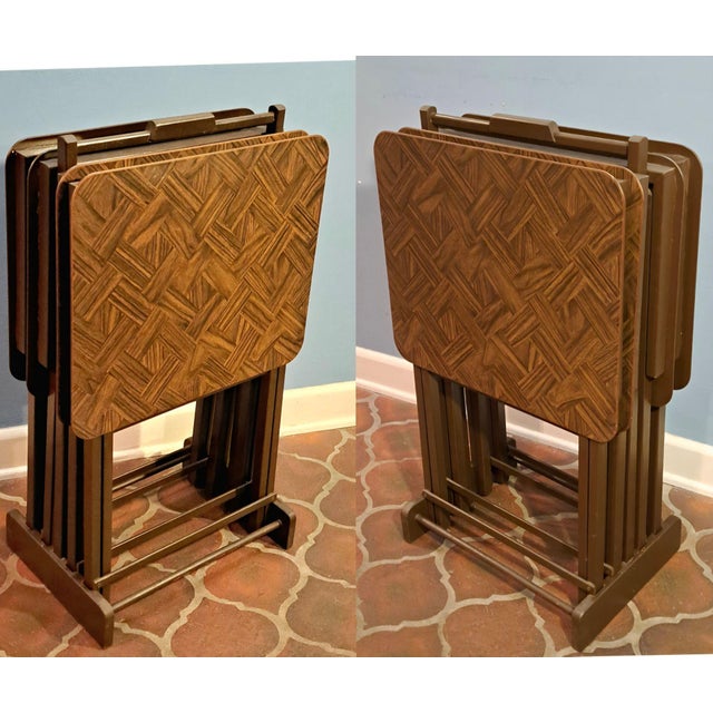 Mid-Century Modern Parquet Wood Tv Tray Tables, Set of 5 With Stand For Sale In West Palm - Image 6 of 13