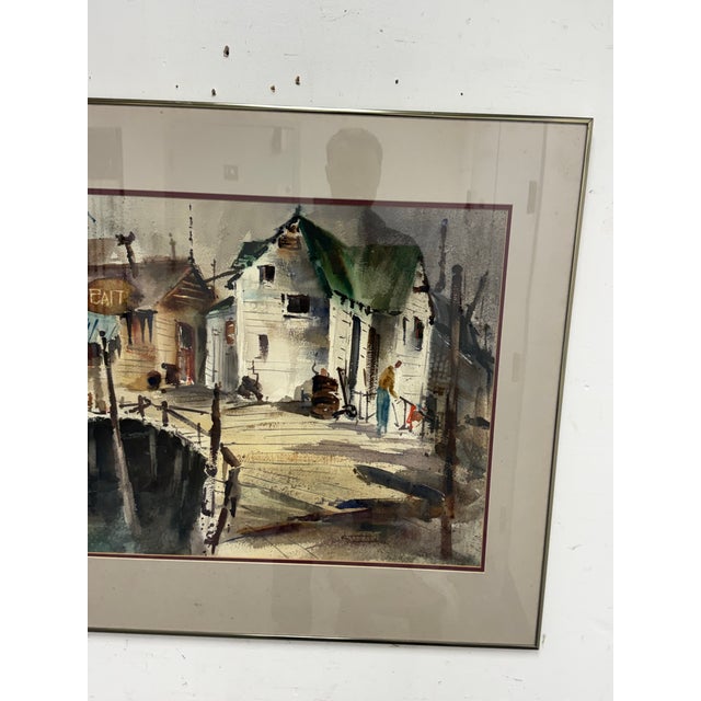Gray Kenneth Siqueira Fishing Wharf Framed Watercolor, Signed For Sale - Image 8 of 11