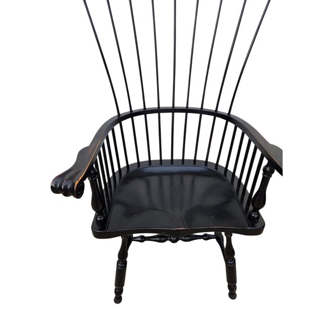 1990s Ethan Allen Black Windsor Chair Comb Back Philadelphia Armchair Saddle Seat For Sale - Image 10 of 16