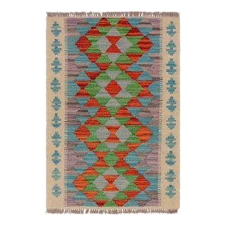 Tribal Turkish Kilim Beige Blue Hand-Woven Wool Rug For Sale
