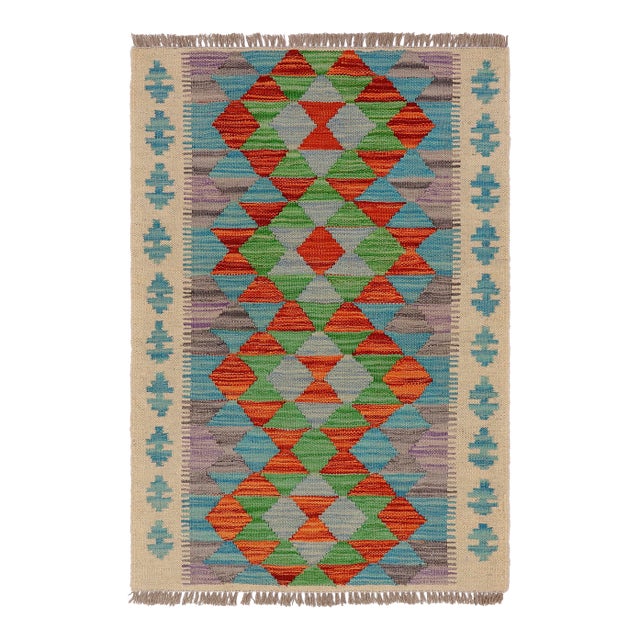 Tribal Turkish Kilim Beige Blue Hand-Woven Wool Rug For Sale