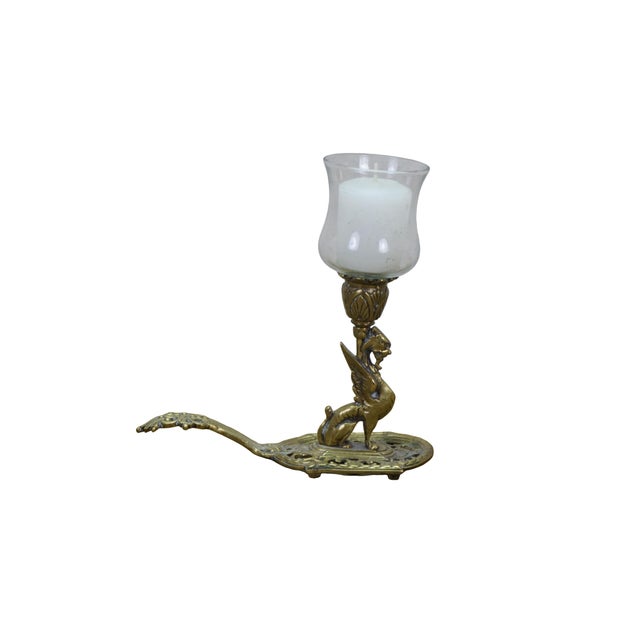 Renaissance Vintage Brass Griffin Dragon Sphynx Hurricane Candle Holder Chamberstick 7" For Sale - Image 3 of 14