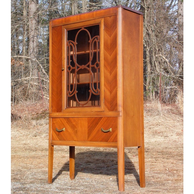 1930's Antique Walnut & Glass Art Deco Waterfall Curio China