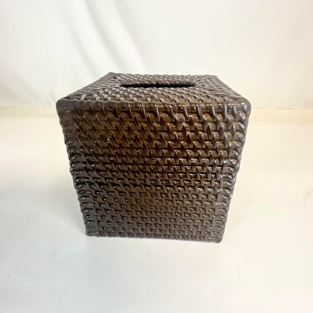 Vintage Coastal Boho Chic Brown-Stained Wicker Tissue Box Cover. For Sale - Image 6 of 8