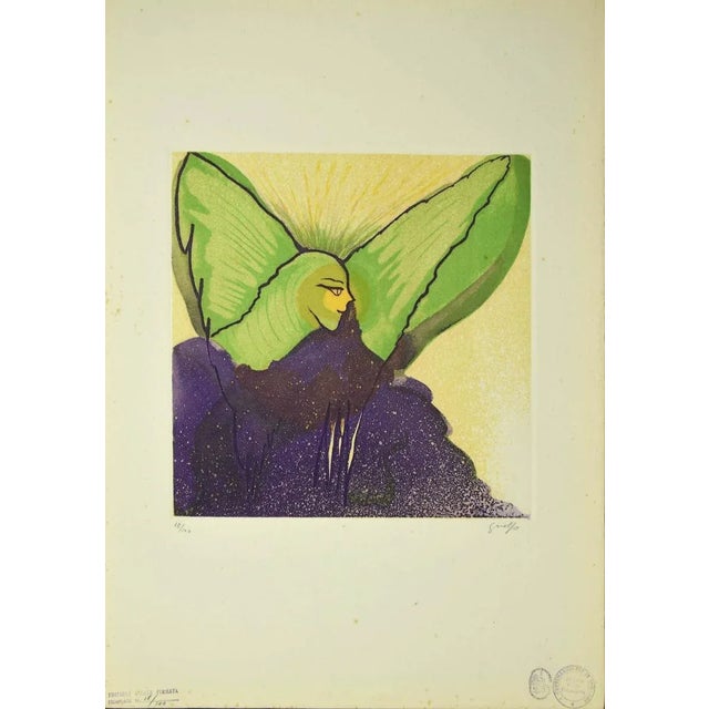 The Angel is an original etching and lithograph realized by the Italian surrealist artist Guelfo. Hand-signed on the lower...