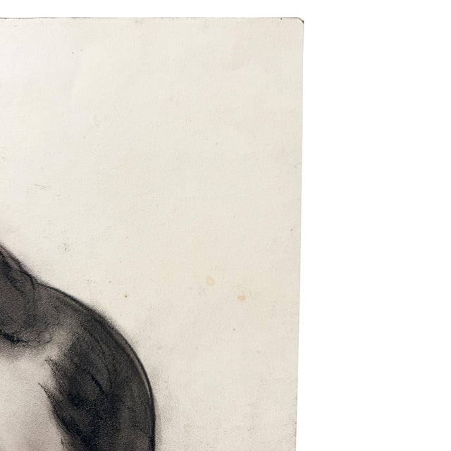 Mid-Century Modern Mid 20th Century Black & White Charcoal Portrait Drawing of a Woman With Peter Pan Collar MCM For Sale - Image 3 of 8