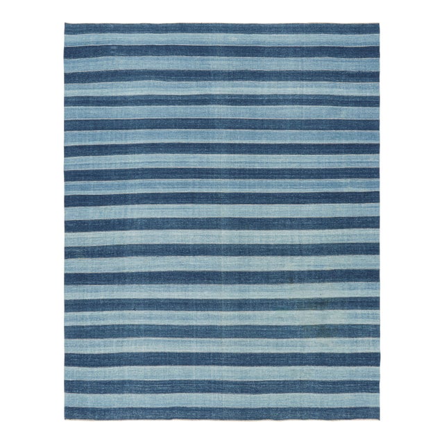 Rug & Kilim's Contemporary Dhurrie Rug in Blue Geometric Stripes - 12x16 For Sale