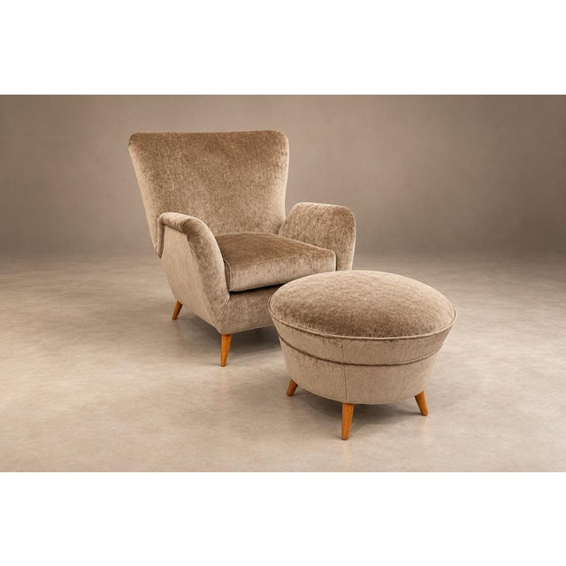 Brazilian Modern Armchair and Ottoman in Hardwood and Taupe Chenille by Carlo Hauner, Brazil, 1950s — Lot 353 For Sale - Image 12 of 18