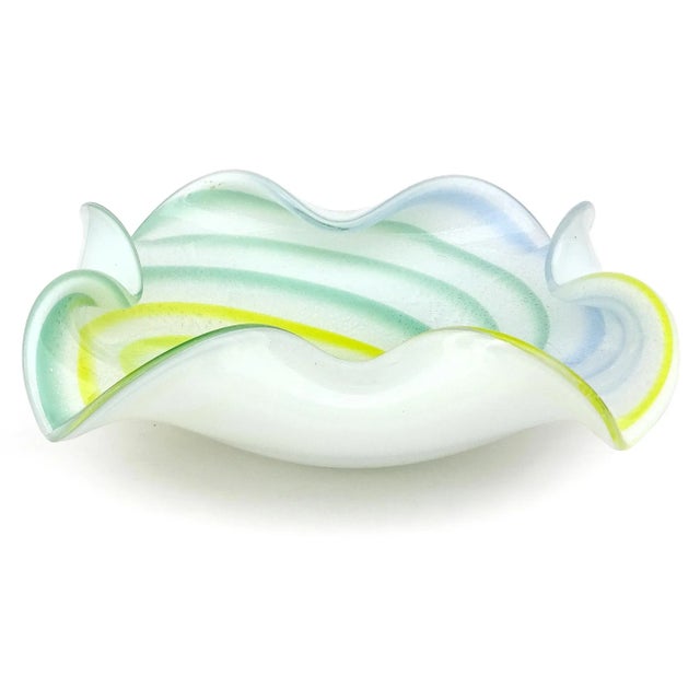 Beautiful vintage Murano hand blown white, yellow, blue green and silver flecks swirling Italian art glass centerpiece...