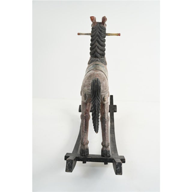 Gray Antique Carved and Painted Wooden Rocking Horse For Sale - Image 8 of 16