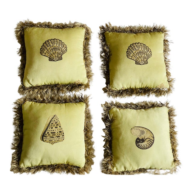 4 Lovely Brocade Sea Shell Pillows With Fringes For Sale