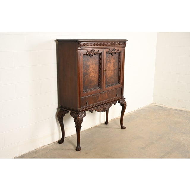 Berkey & Gay Berkey & Gay Style Antique Chippendale Carved Walnut and Burl Wood Bookcase or Bar Cabinet, Circa 1920s For Sale - Image 4 of 18