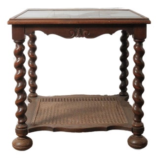 Antique Oak Tile-Top Side Table With Nautical Scene and Barley Twist Legs For Sale